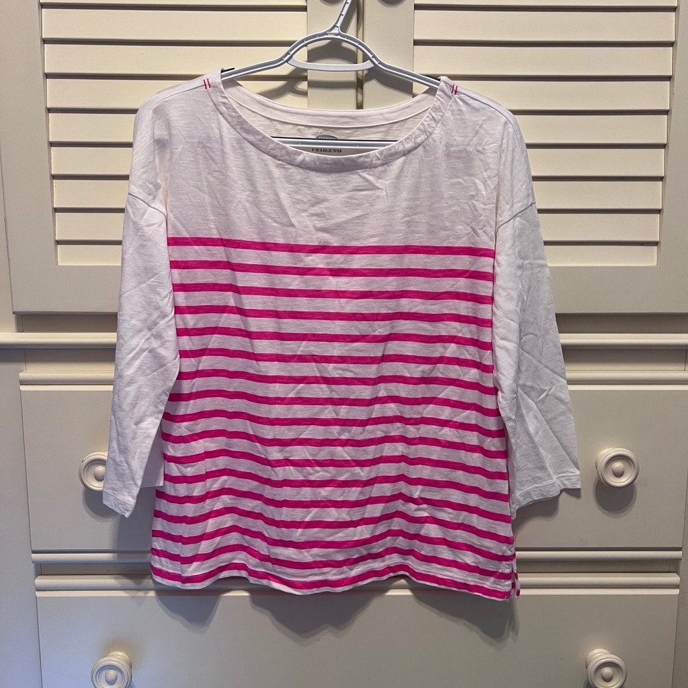 Nautical boatneck Womens M Pink White Striped 3/4 Sleeve Slub Knit T-Shirt Top